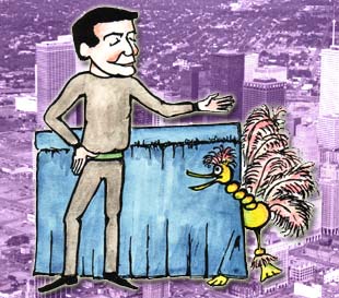 Illustration by Peter Peasgood of Ian Denny with Ostrich Marionette